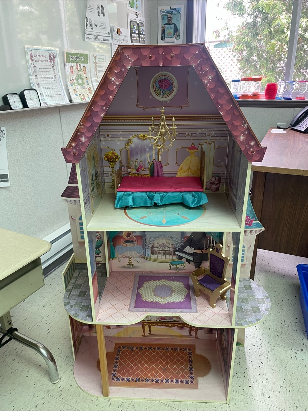 Pink and Teal Wooden Dollhouse with Chandelier